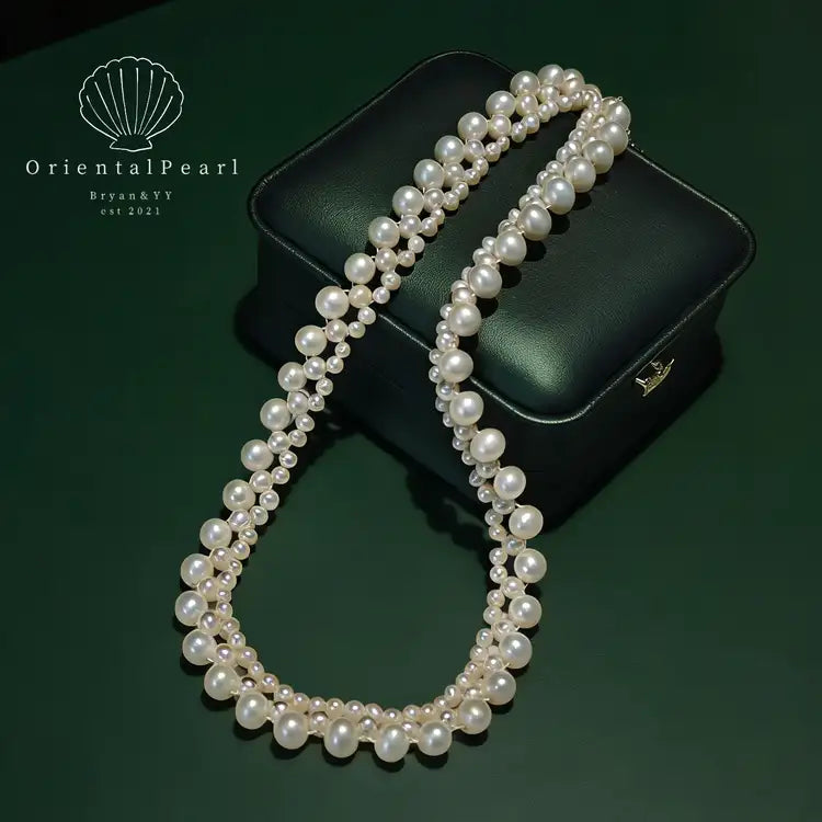 Set10-Lace Cream White Handmade Knitted Seedless Pearls 3-layer Stylish Necklace Cluster Layers Necklace and Bracelet Set