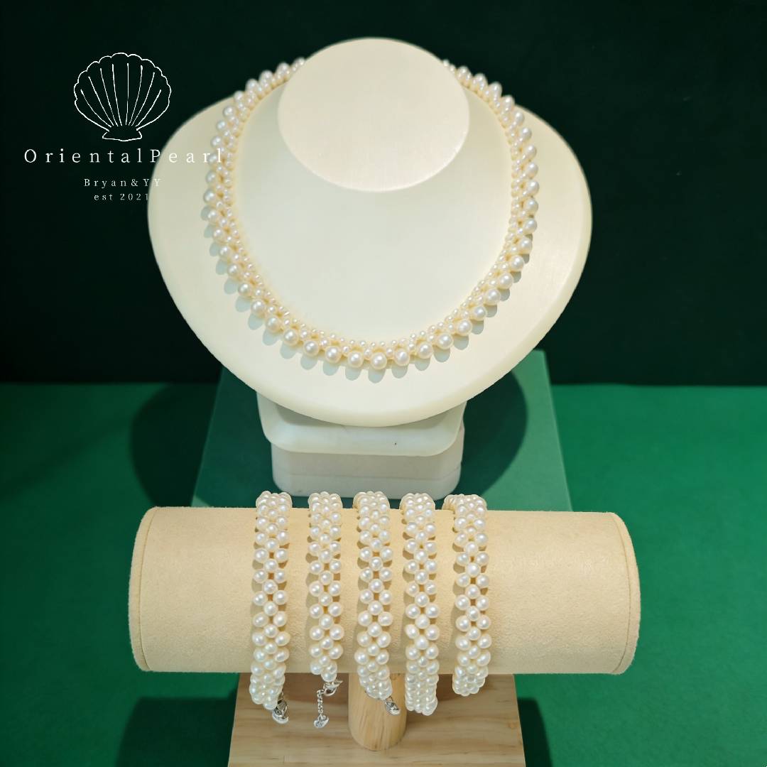 Set10-Lace Cream White Handmade Knitted Seedless Pearls 3-layer Stylish Necklace Cluster Layers Necklace and Bracelet Set