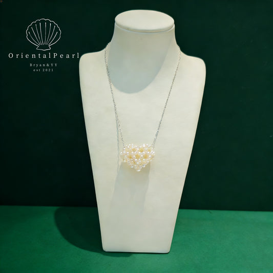 NC18-3D Heart Pearls Necklace and Earring Set You Have All My Love Natural Small Baby Pearls Set with S925 Sterling Silver Chain Adjustable Necklace with Pearls Studs for Valentine's Day