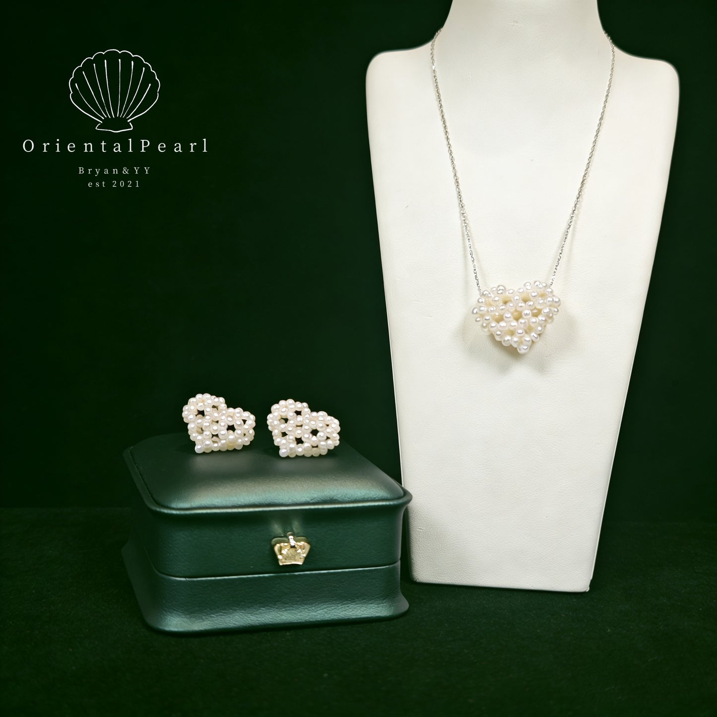 NC18-3D Heart Pearls Necklace and Earring Set You Have All My Love Natural Small Baby Pearls Set with S925 Sterling Silver Chain Adjustable Necklace with Pearls Studs for Valentine's Day