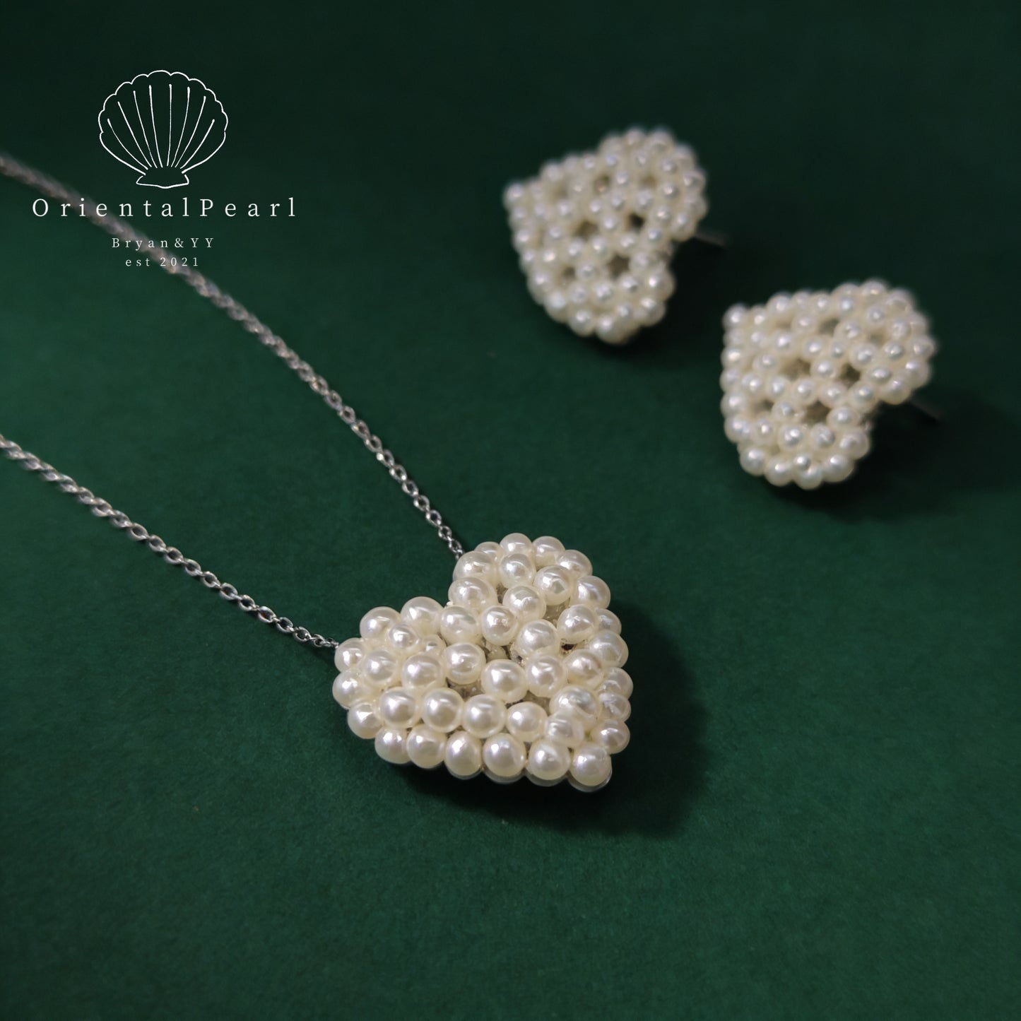 NC18-3D Heart Pearls Necklace and Earring Set You Have All My Love Natural Small Baby Pearls Set with S925 Sterling Silver Chain Adjustable Necklace with Pearls Studs for Valentine's Day