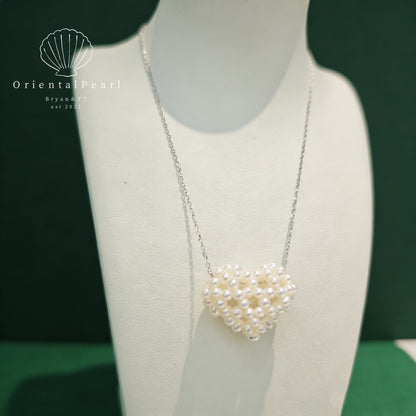NC18-3D Heart Pearls Necklace and Earring Set You Have All My Love Natural Small Baby Pearls Set with S925 Sterling Silver Chain Adjustable Necklace with Pearls Studs for Valentine's Day