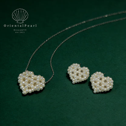 NC18-3D Heart Pearls Necklace and Earring Set You Have All My Love Natural Small Baby Pearls Set with S925 Sterling Silver Chain Adjustable Necklace with Pearls Studs for Valentine's Day