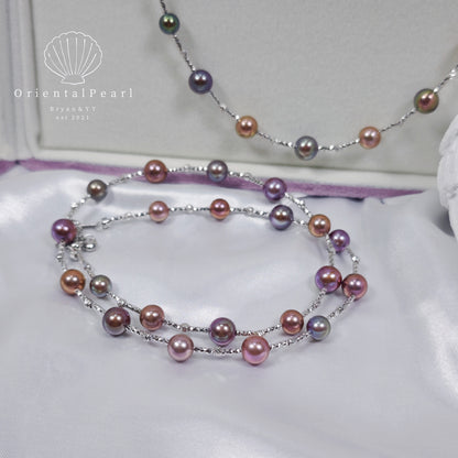 NC21-Metallic luster Multicolor Round Pearl Necklace Deep Purple Starry Design Pearls Necklace S925 Sterling Silver Material Purple Green Deep Blue Gold Luster Pearls Necklace