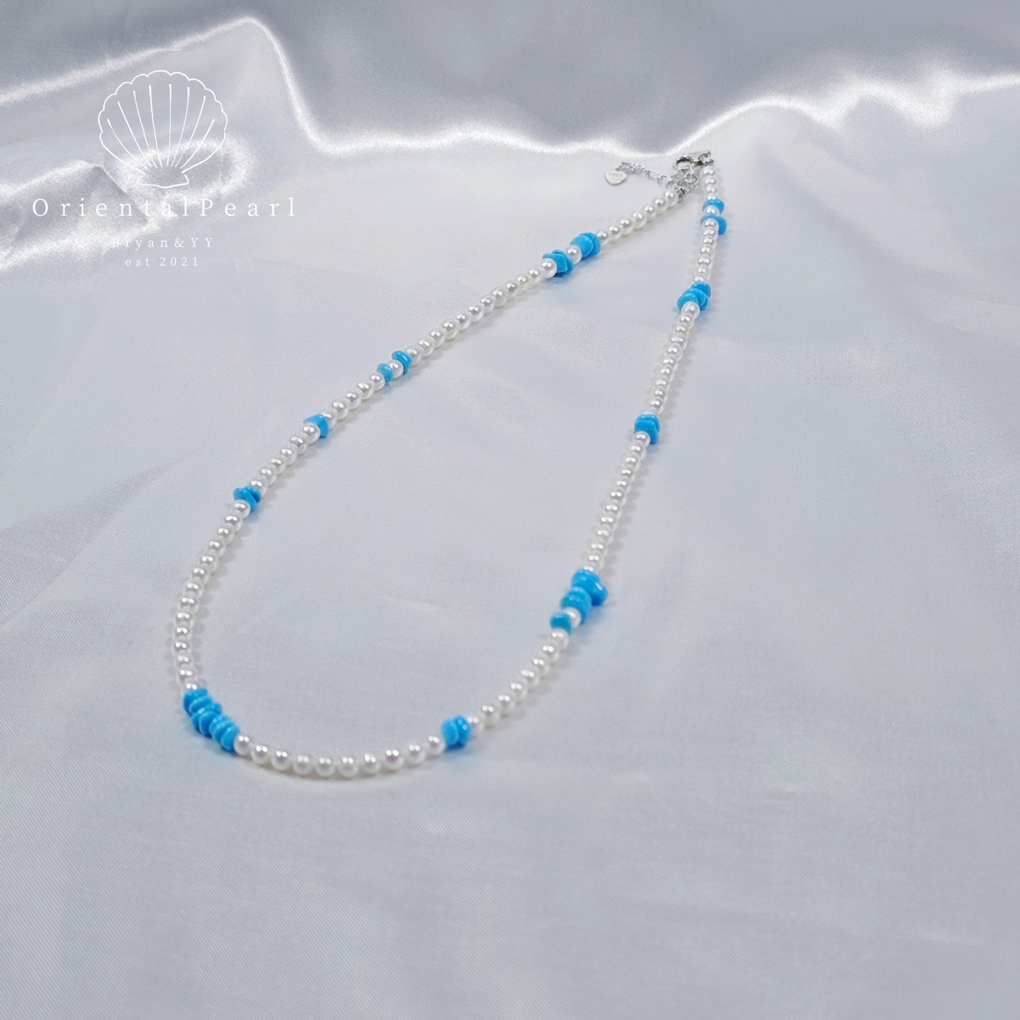 NC22-White Baby Pearls Necklace with Turquoise Blue Color Stone Design S925 Sterling Silver Clasp with Extender Adjustable Length Natural Pearls Necklace Small Baby Round Pearls Necklace Versatile Necklace for Holiday