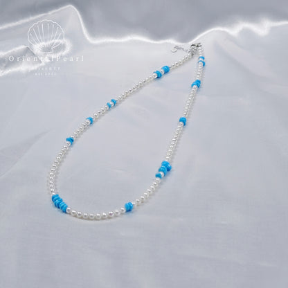 White Baby Pearls Necklace with Turquoise Blue Color Stone Design