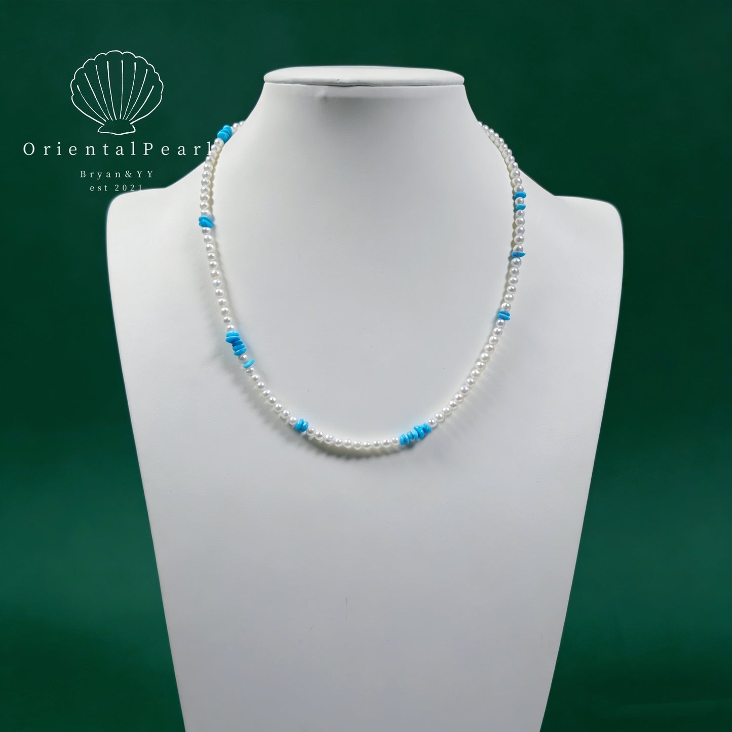 NC22-White Baby Pearls Necklace with Turquoise Blue Color Stone Design S925 Sterling Silver Clasp with Extender Adjustable Length Natural Pearls Necklace Small Baby Round Pearls Necklace Versatile Necklace for Holiday