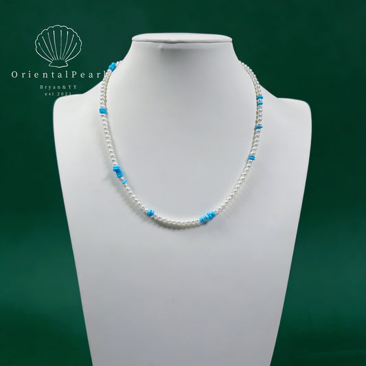 NC22-White Baby Pearls Necklace with Turquoise Blue Color Stone Design S925 Sterling Silver Clasp with Extender Adjustable Length Natural Pearls Necklace Small Baby Round Pearls Necklace Versatile Necklace for Holiday