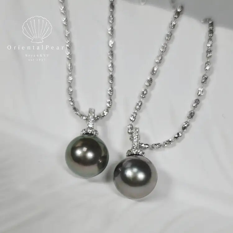 NC19-Genuine Black Tahitian Pearl Pendant Necklace S925 Sterling Silver Chain Seawater Black Round Big Size Pearl Universal Pendant with Chain Christmas Gift for Wife Mom Girlfriend Fine Jewelry