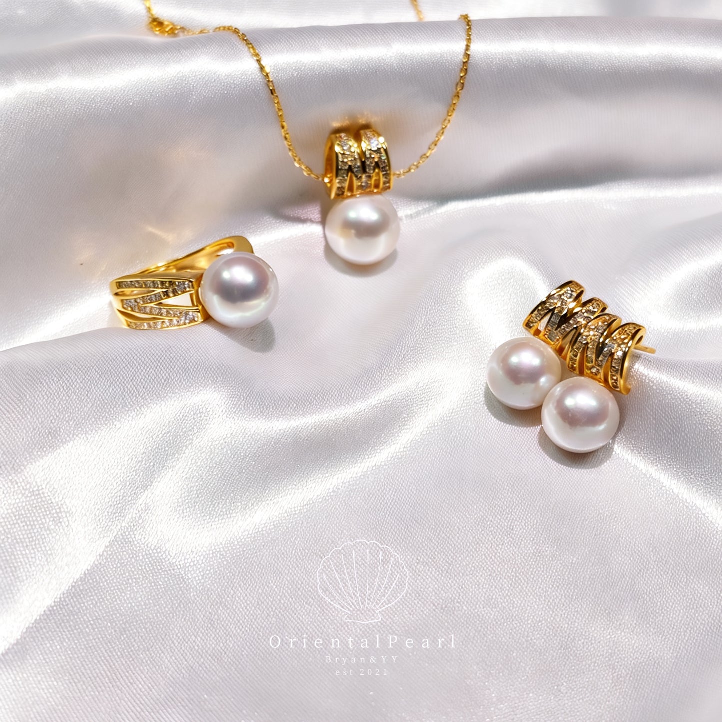 Set11-Miki M S925 Natural Pearls Set Necklace Earring Ring Pearls Set Genuine Pearl Set with Sterling Silver Material Pearl Pendant Set
