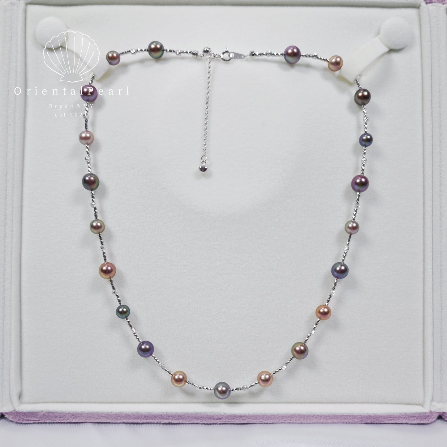 NC21-Metallic luster Multicolor Round Pearl Necklace Deep Purple Starry Design Pearls Necklace S925 Sterling Silver Material Purple Green Deep Blue Gold Luster Pearls Necklace