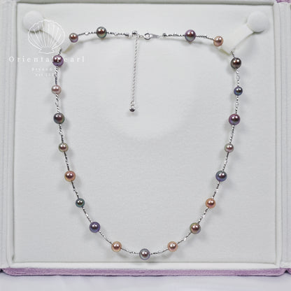 NC21-Metallic luster Multicolor Round Pearl Necklace Deep Purple Starry Design Pearls Necklace S925 Sterling Silver Material Purple Green Deep Blue Gold Luster Pearls Necklace