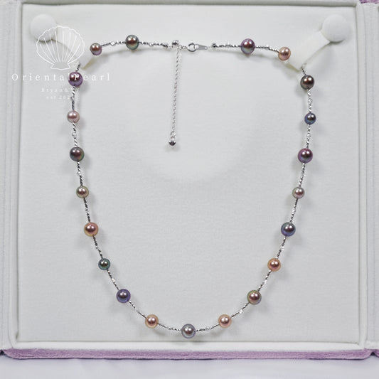 NC21-Metallic luster Multicolor Round Pearl Necklace Deep Purple Starry Design Pearls Necklace S925 Sterling Silver Material Purple Green Deep Blue Gold Luster Pearls Necklace