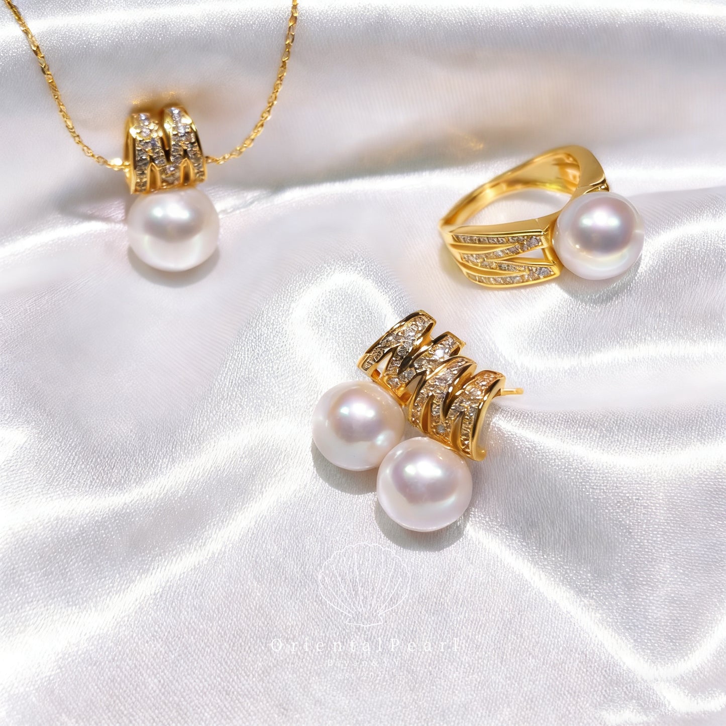 Set11-Miki M S925 Natural Pearls Set Necklace Earring Ring Pearls Set Genuine Pearl Set with Sterling Silver Material Pearl Pendant Set