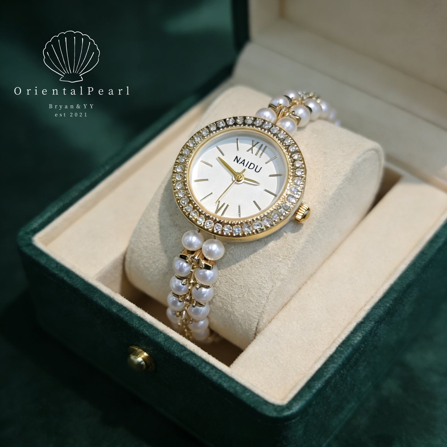 OP-Pearl Watch Women's Natural Pearl Watch with Freshwater Pearls Silver or Gold Color Rhinestone Luxury Fashion Elegant Wrist Band Jewelry Gifts Lady